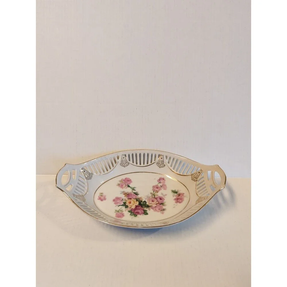 Bavaria German Reticulated Serving Bowl Dish Rose Floral Oval Double Handled